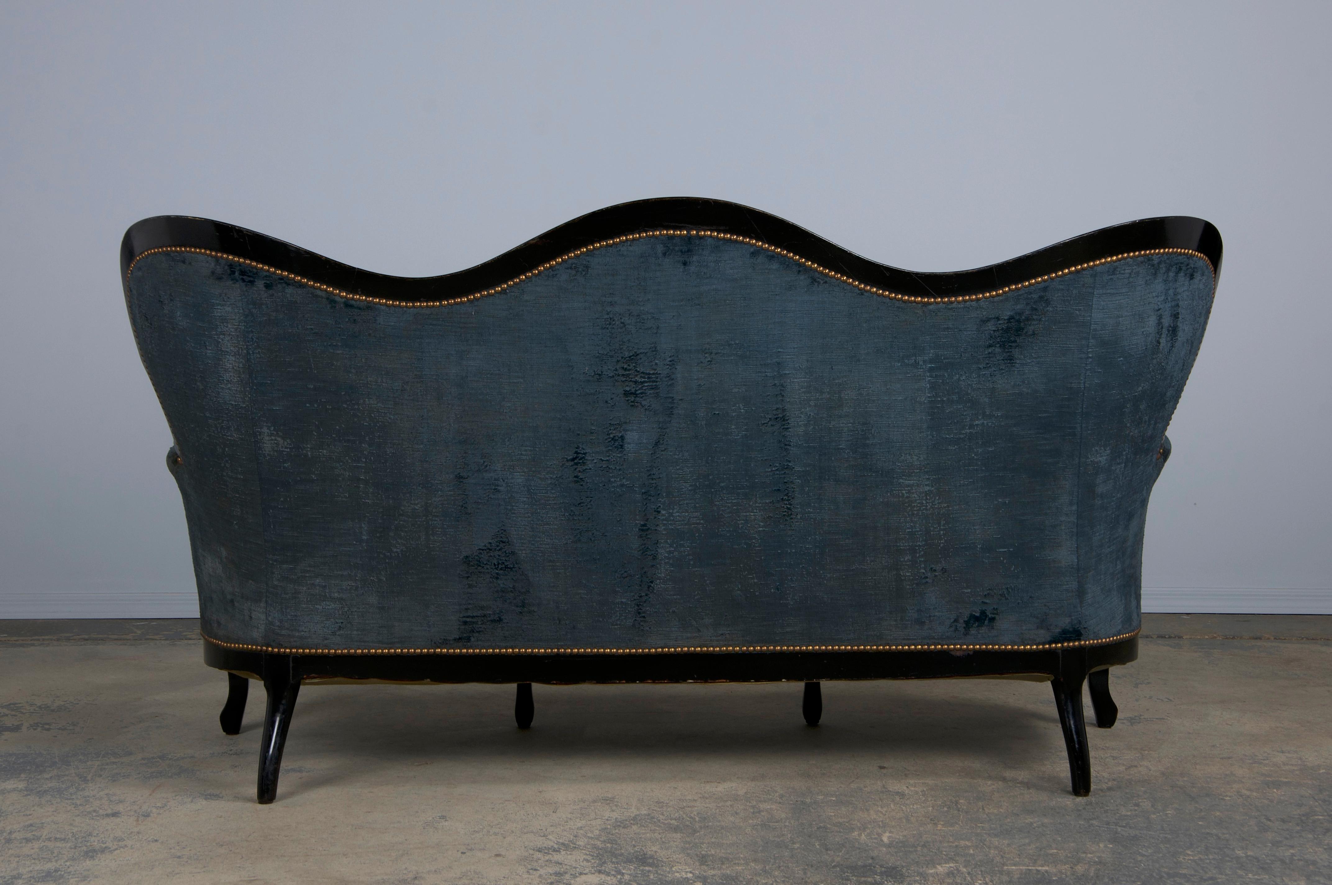 Divano ebanizzato Napoleone III del XIX secolo con velluto blu in vendita 11