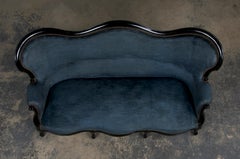 19th Century Napoleon III Ebonized Settee W/ Blue Velvet