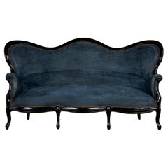 19th Century Napoleon III Ebonized Settee W/ Blue Velvet