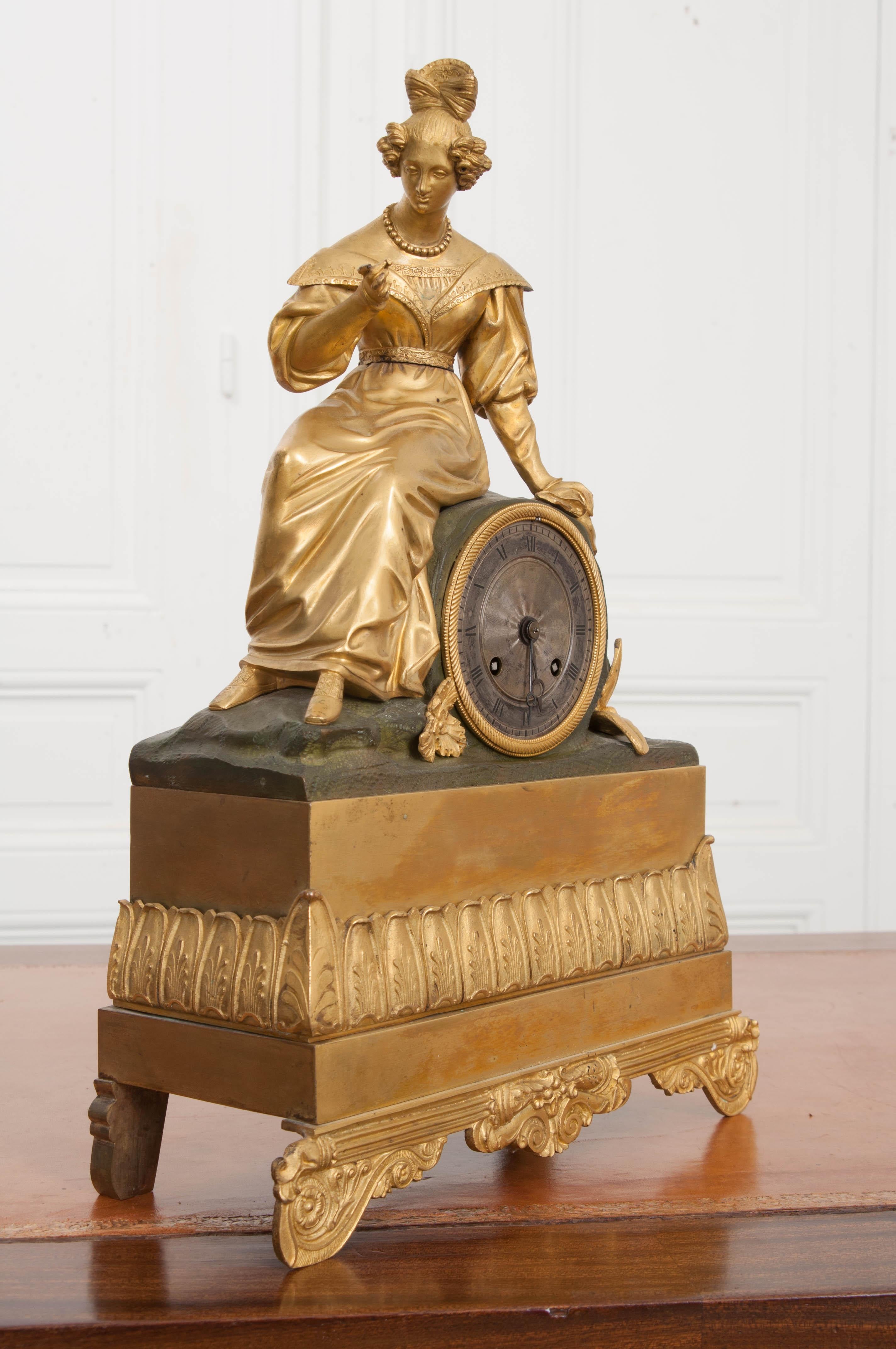 19. Jahrhundert Napoleon III. Feuervergoldete Bronze Figurale Kaminsimsuhr im Zustand „Gut“ im Angebot in Baton Rouge, LA