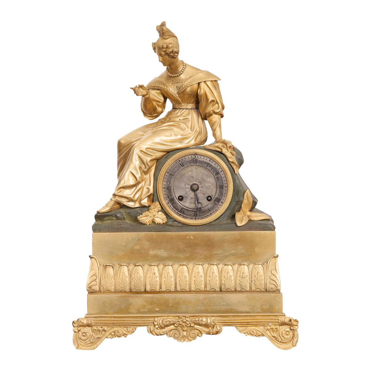 19th Century Napoleon III Fire-Gilt Bronze Figural Mantel Clock For Sale