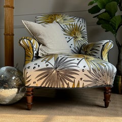 19th Century, Napoleon III, French Armchair and Footstool in 'Fan Palm’ Fabric