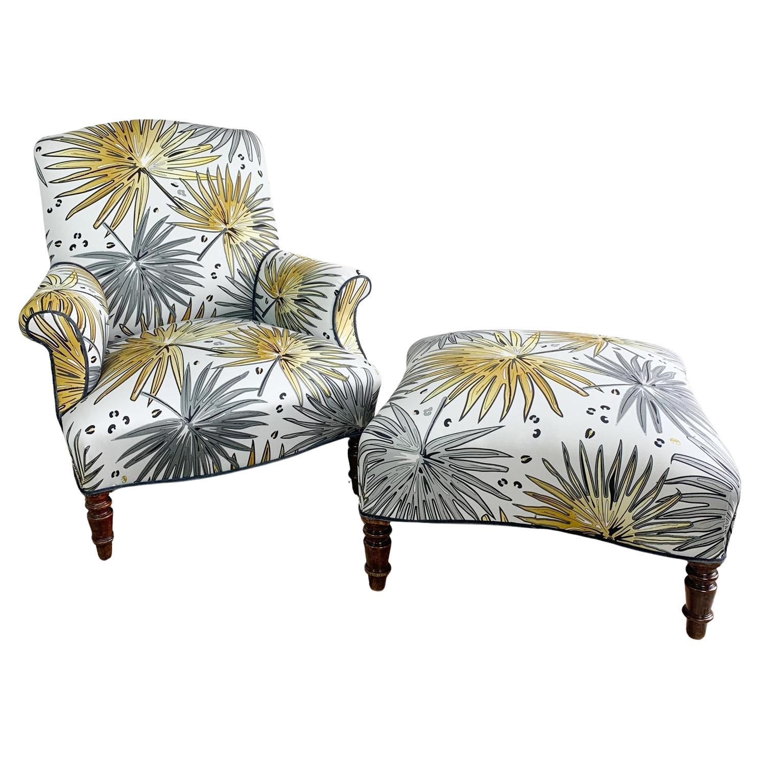 19th Century, Napoleon III, French Armchair and Footstool in 
Fan Palm’ Fabric For Sale