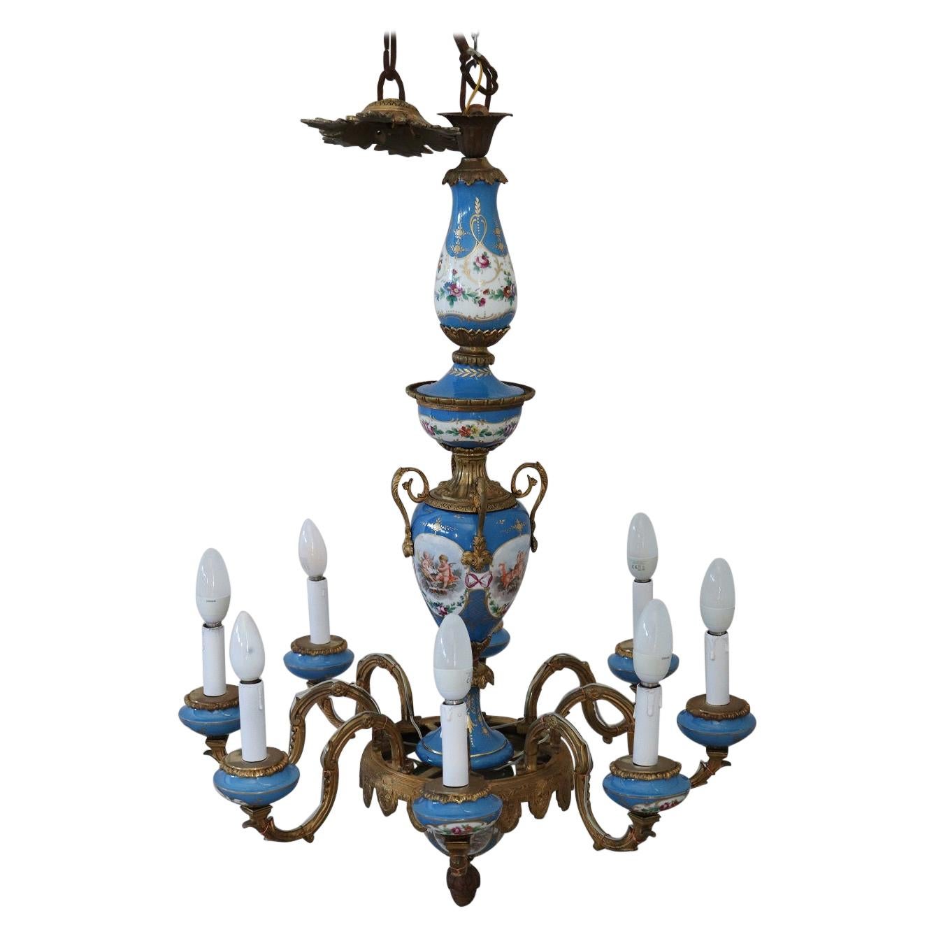 19th Century Napoleon III Gilded Bronze and Sevres Porcelain Antique Chandelier