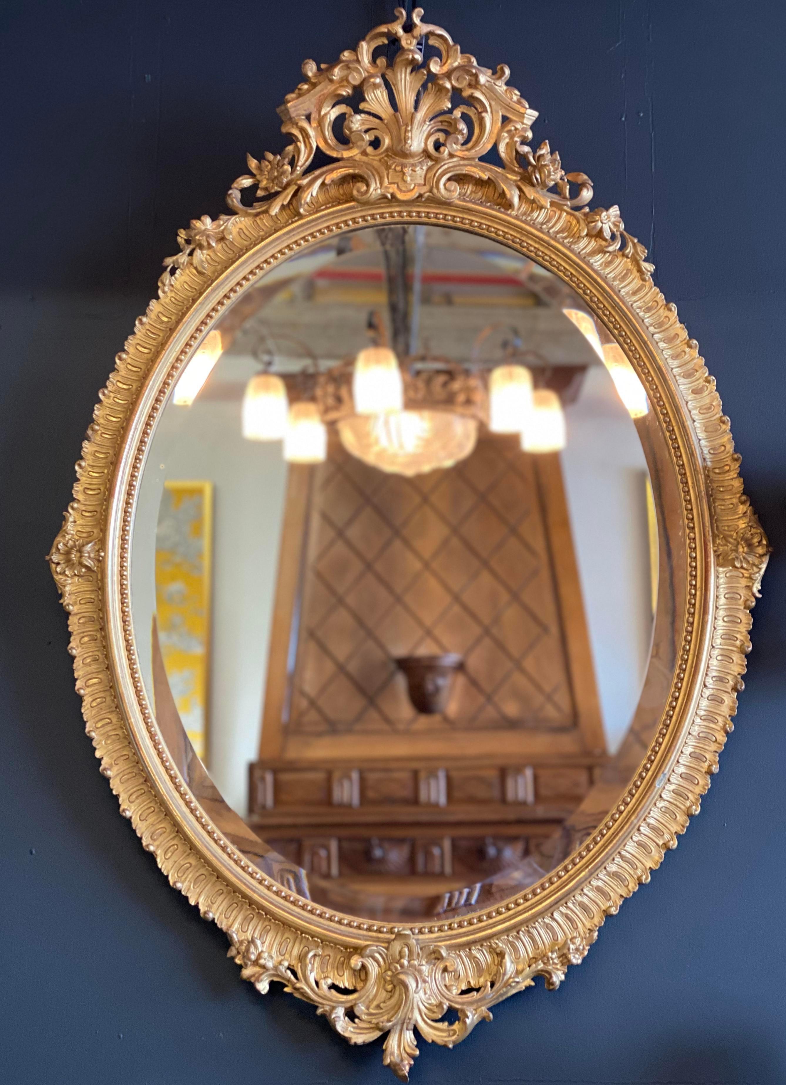 Giltwood 19th Century Napoleon III Gilded Oval Mirror For Sale