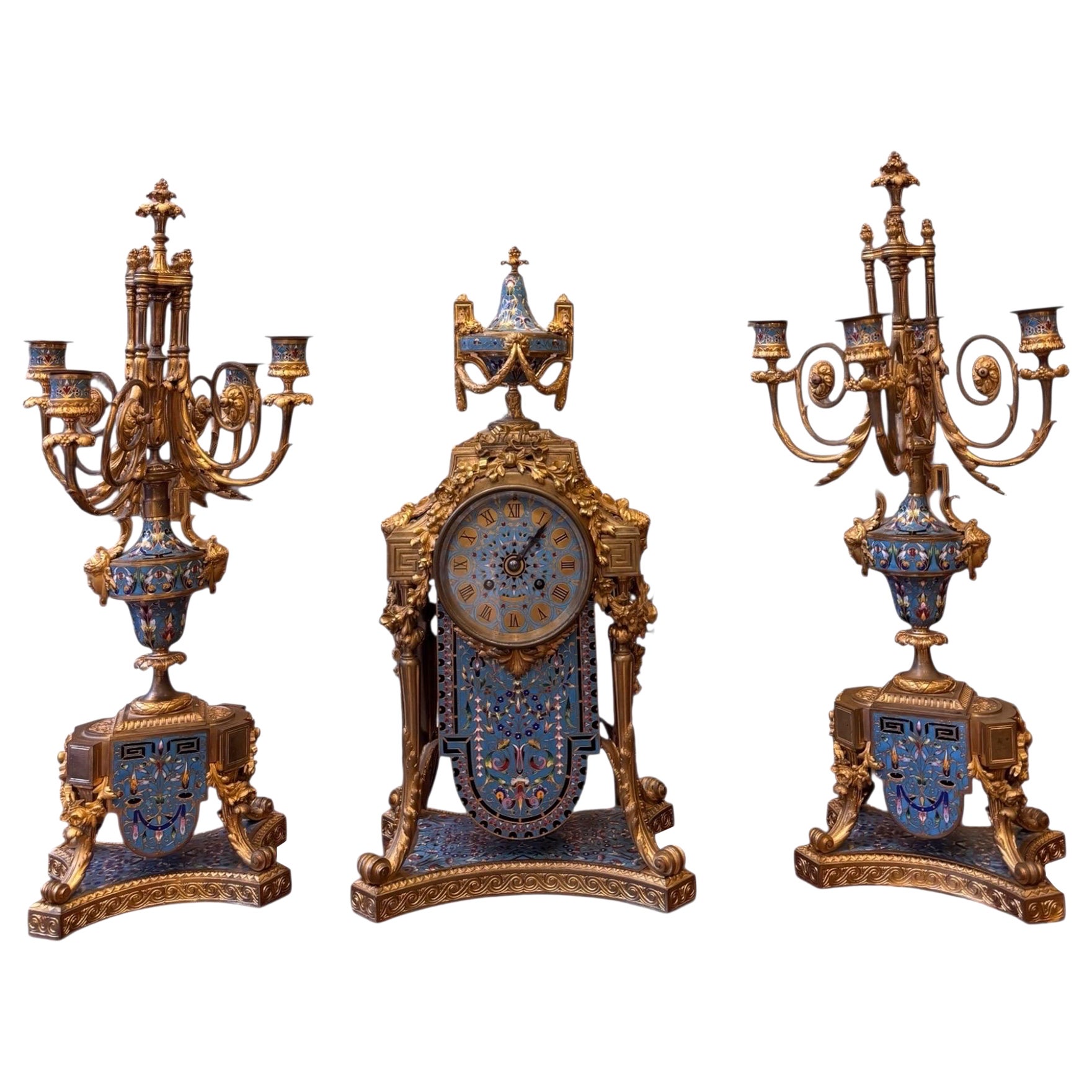 19th Century Napoleon III Gilt Bronze and Cloisonné Enamel Mantel Garniture