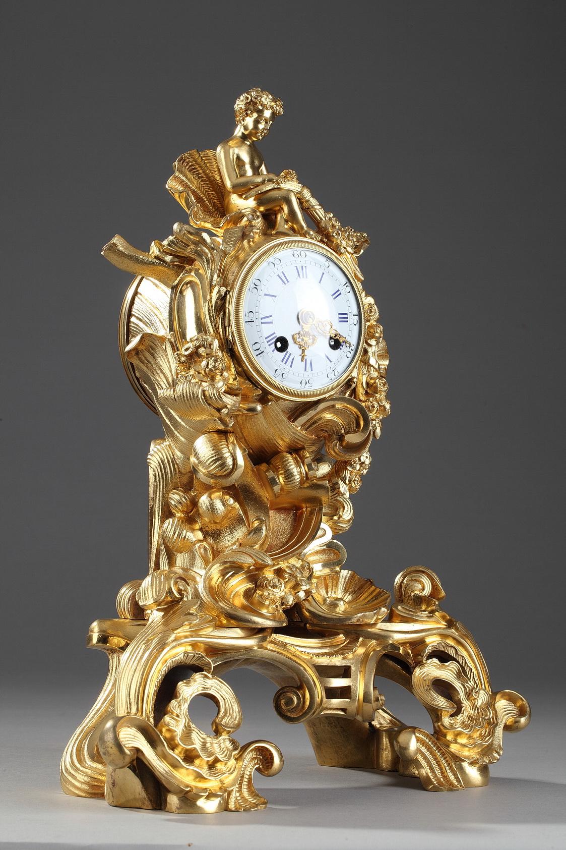Napoleon-III-Uhr aus vergoldeter Bronze im Rocaille-Stil des 19. im Angebot 1