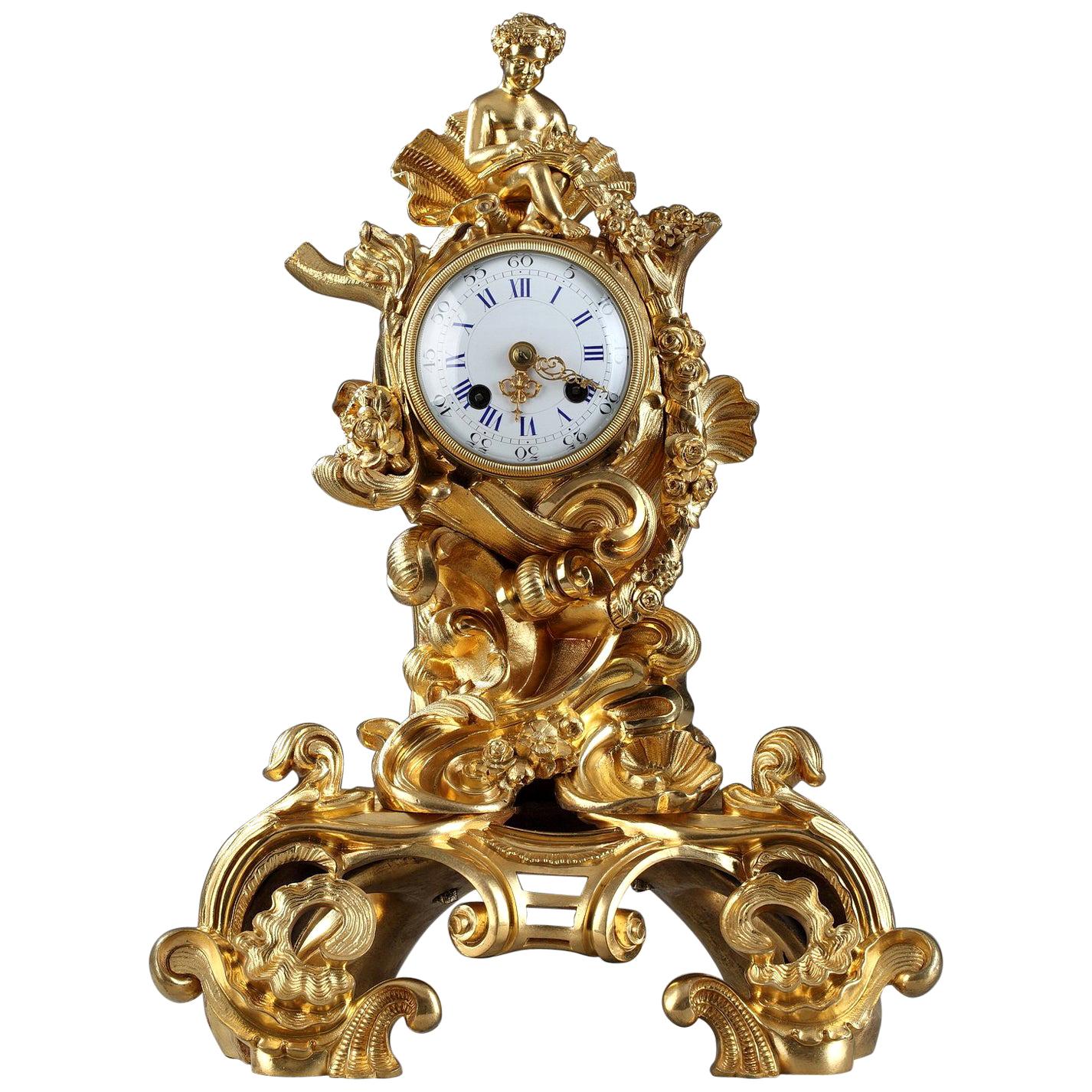 19th Century Napoleon III Gilt Bronze Clock in Rocaille Style