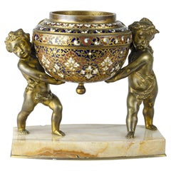 19th Century Napoléon III Gilt Bronze Sculpture with Putti and Champlevé Bowl