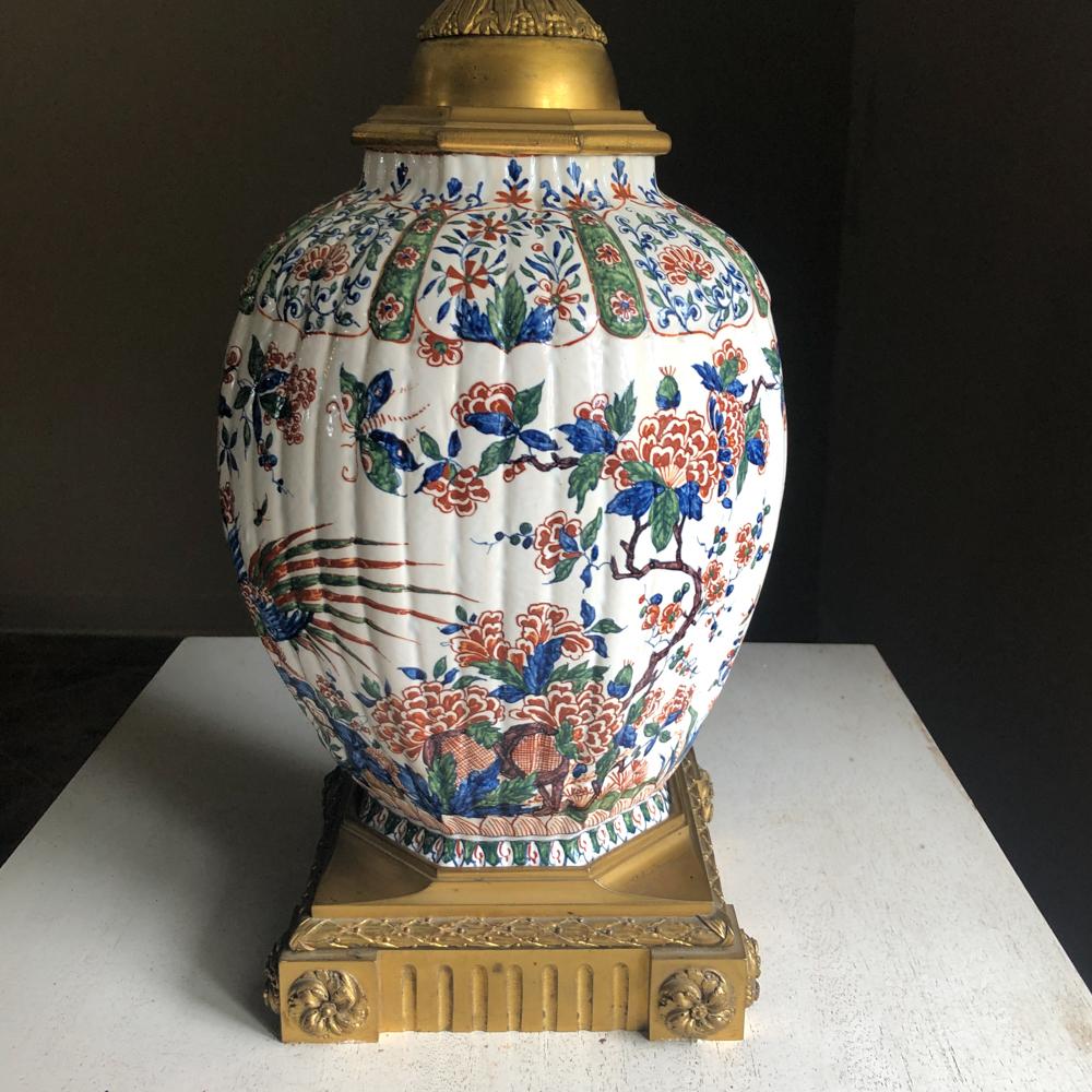 19th Century Napoleon III Hand Painted Faience & Bronze Converted Oil Lamp For Sale 5