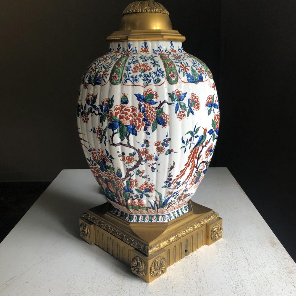 19th Century Napoleon III Hand Painted Faience & Bronze Converted Oil Lamp For Sale 6