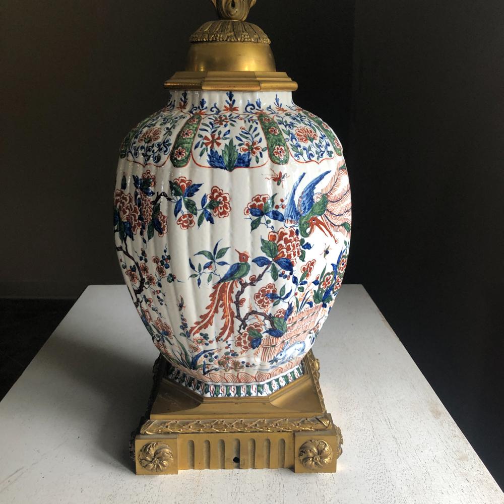 19th Century Napoleon III Hand Painted Faience & Bronze Converted Oil Lamp For Sale 7