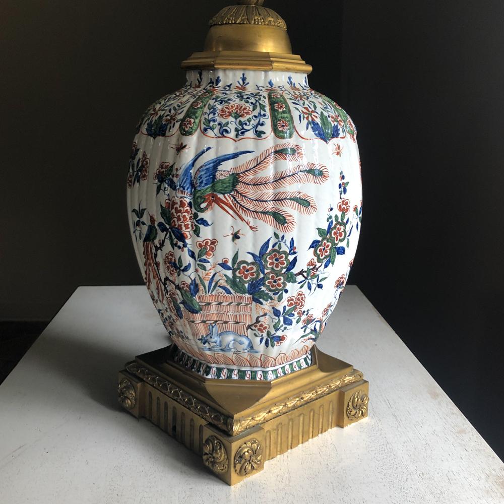19th Century Napoleon III Hand Painted Faience & Bronze Converted Oil Lamp For Sale 8