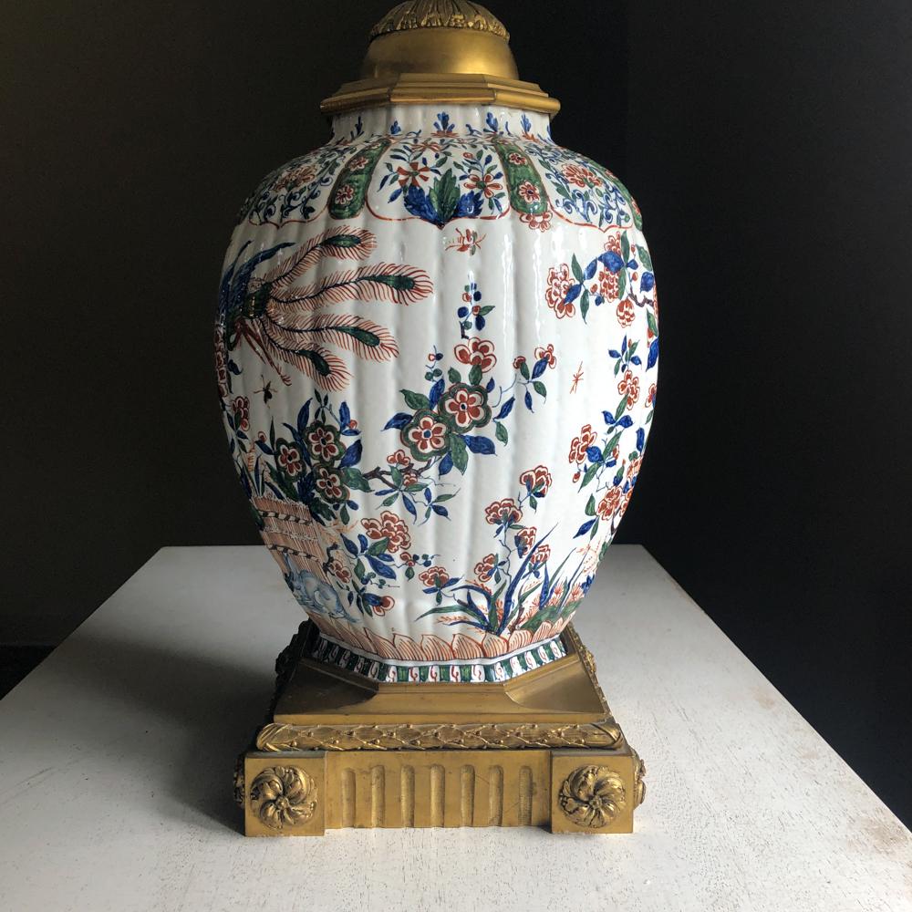 19th Century Napoleon III Hand Painted Faience & Bronze Converted Oil Lamp For Sale 9