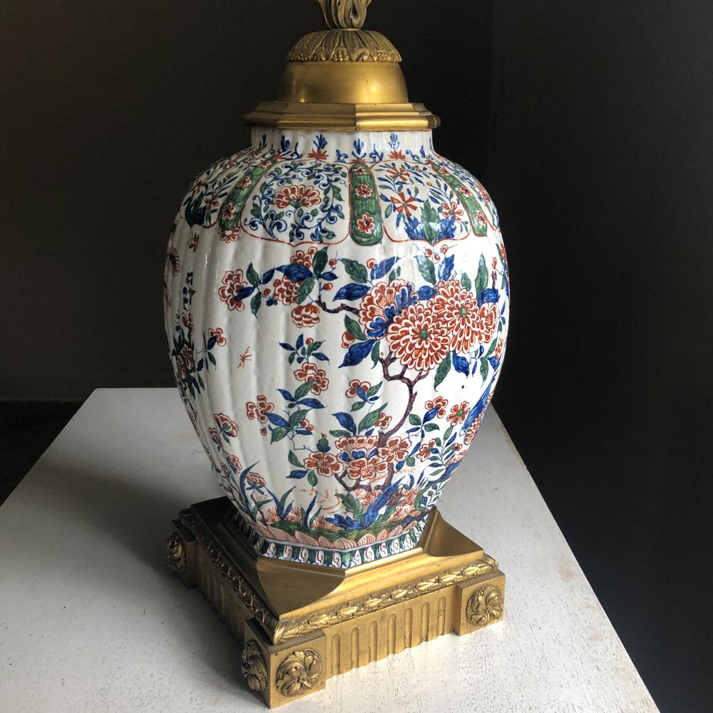 19th Century Napoleon III Hand Painted Faience & Bronze Converted Oil Lamp For Sale 10