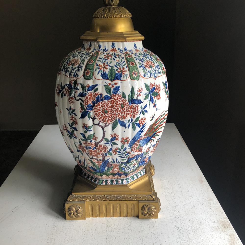19th Century Napoleon III Hand Painted Faience & Bronze Converted Oil Lamp For Sale 11