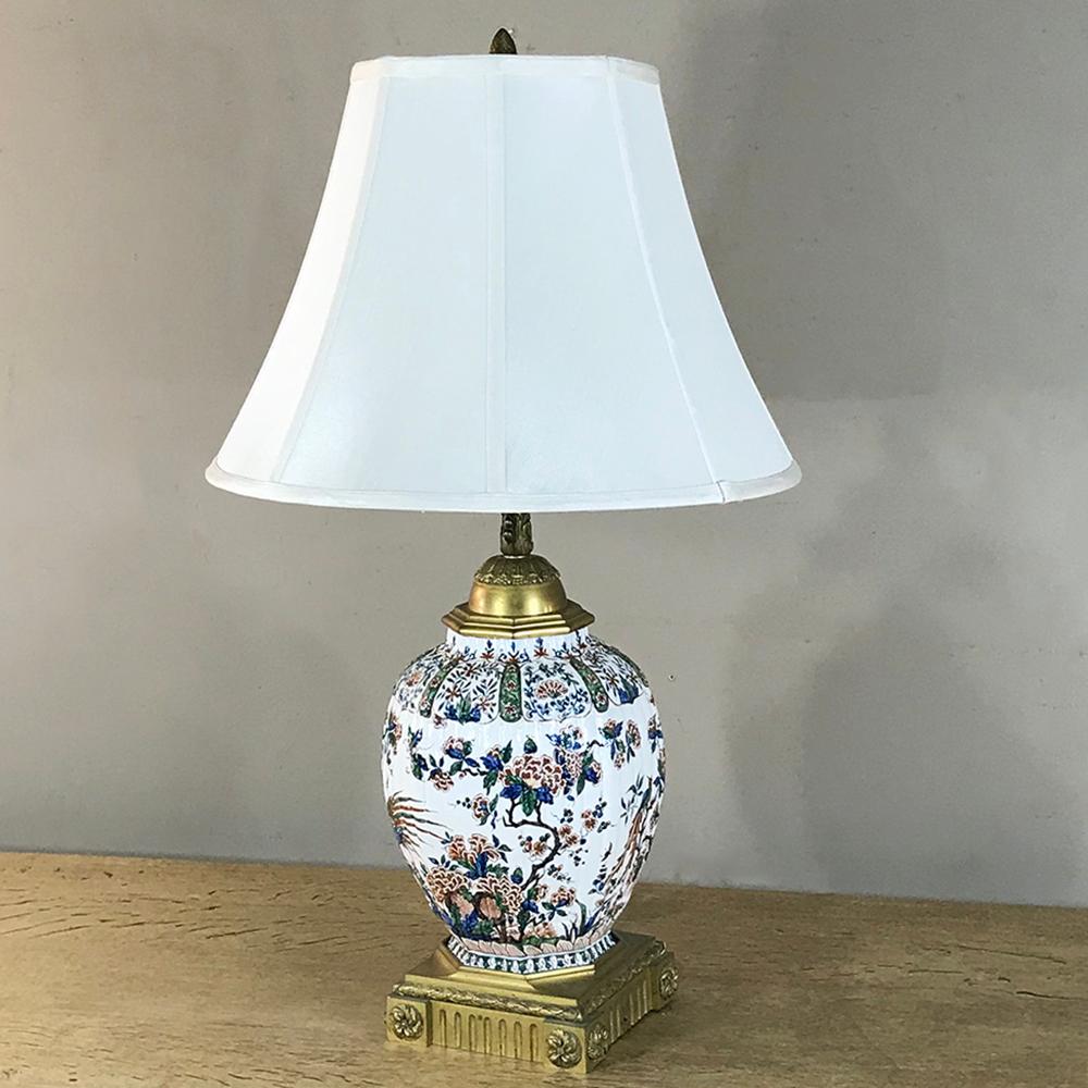 French 19th Century Napoleon III Hand Painted Faience & Bronze Converted Oil Lamp For Sale