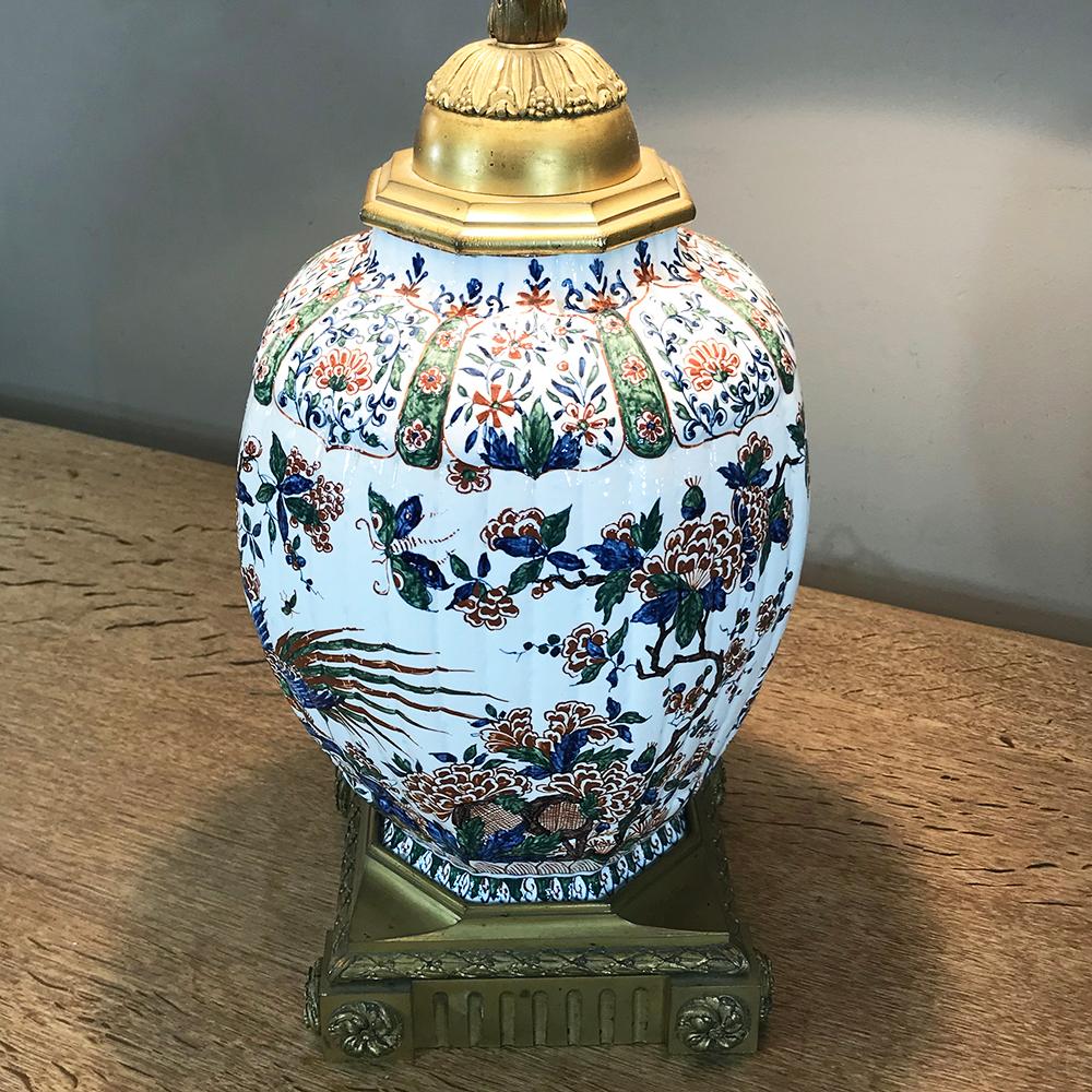 Late 19th Century 19th Century Napoleon III Hand Painted Faience & Bronze Converted Oil Lamp For Sale