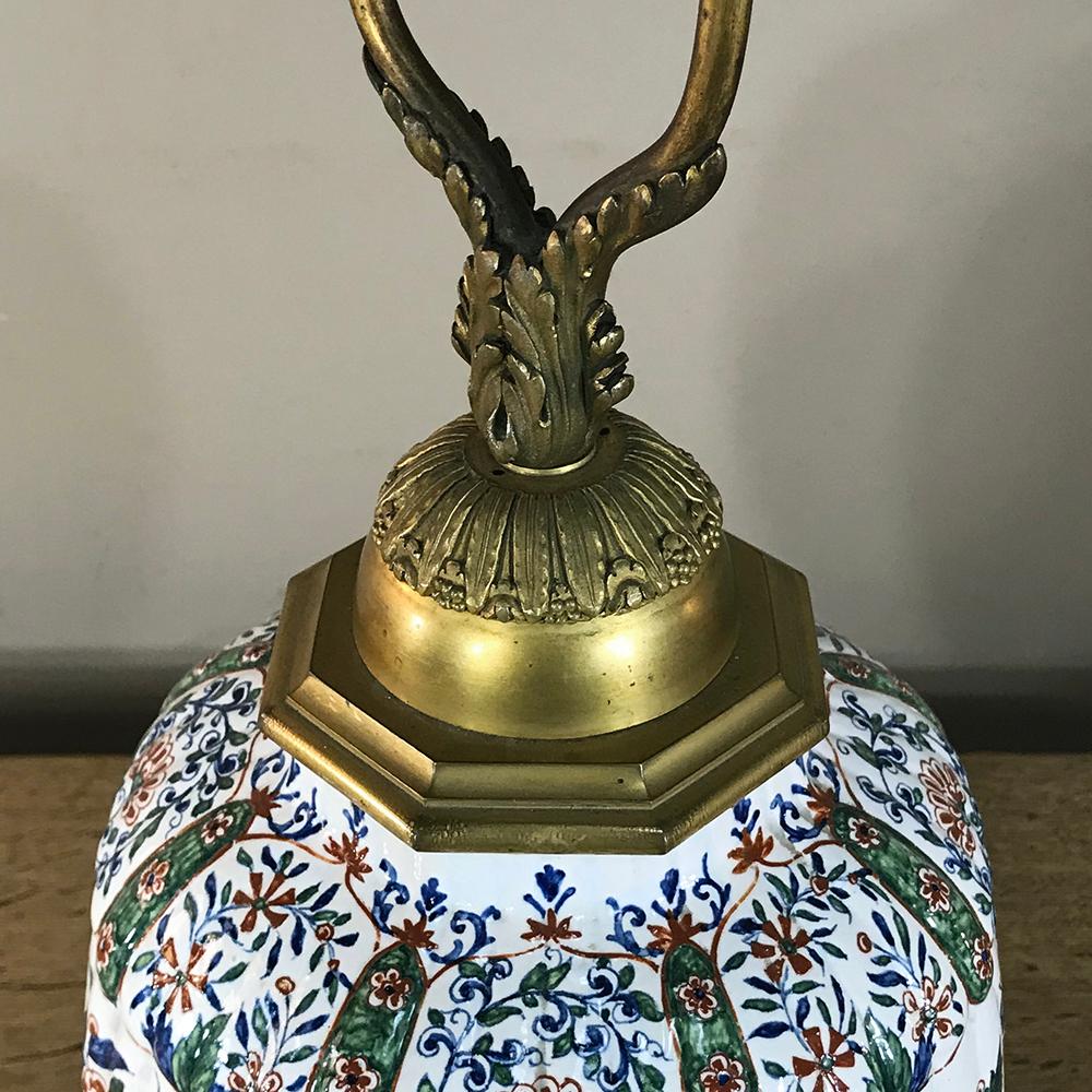 Brass 19th Century Napoleon III Hand Painted Faience & Bronze Converted Oil Lamp For Sale