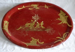 19th century Napoleon III hand-painted & gilt tole tray, chinoiserie style