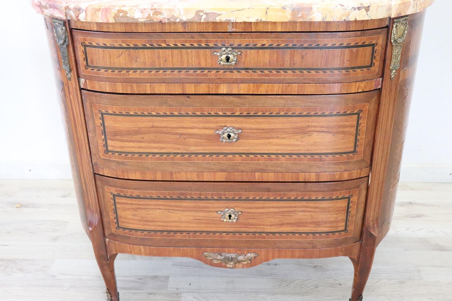 Wood 19th Century Napoleon III Inlaid Walnut Small Commode with Marble Top