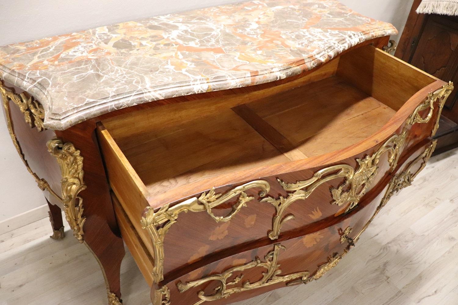 19th Century Napoleon III Inlaid Wood and Gilded Bronze Antique Chest of Drawers For Sale 7
