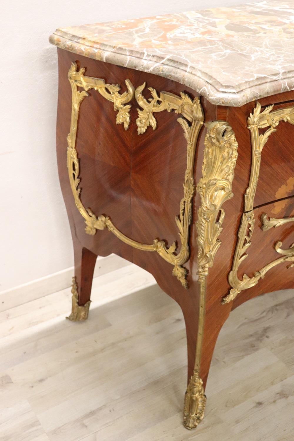 French 19th Century Napoleon III Inlaid Wood and Gilded Bronze Antique Chest of Drawers For Sale