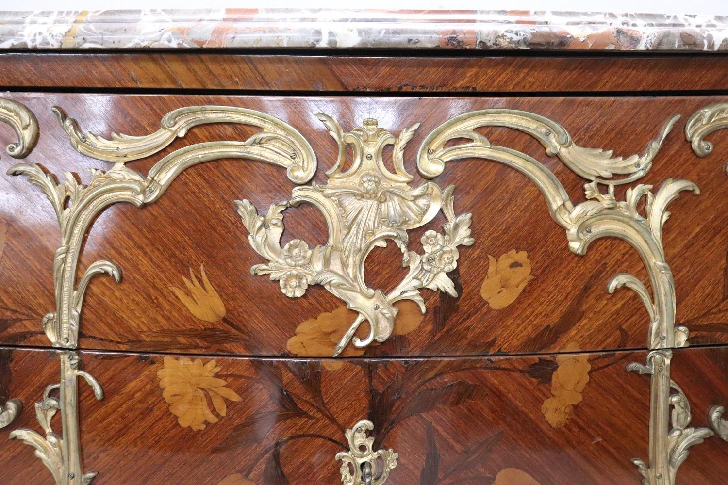 Oak 19th Century Napoleon III Inlaid Wood and Gilded Bronze Antique Chest of Drawers For Sale