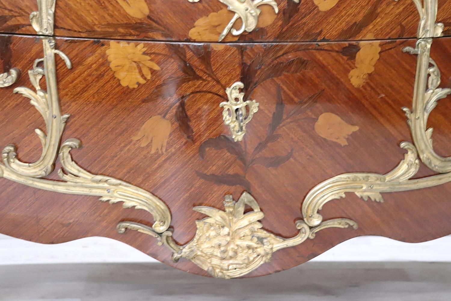 19th Century Napoleon III Inlaid Wood and Gilded Bronze Antique Chest of Drawers For Sale 1