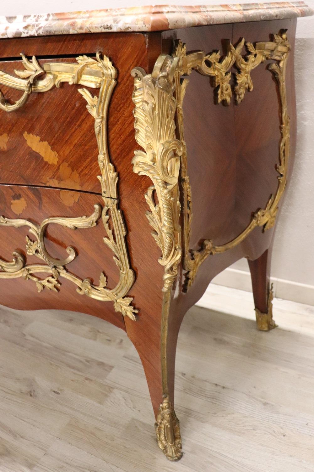 19th Century Napoleon III Inlaid Wood and Gilded Bronze Antique Chest of Drawers For Sale 3