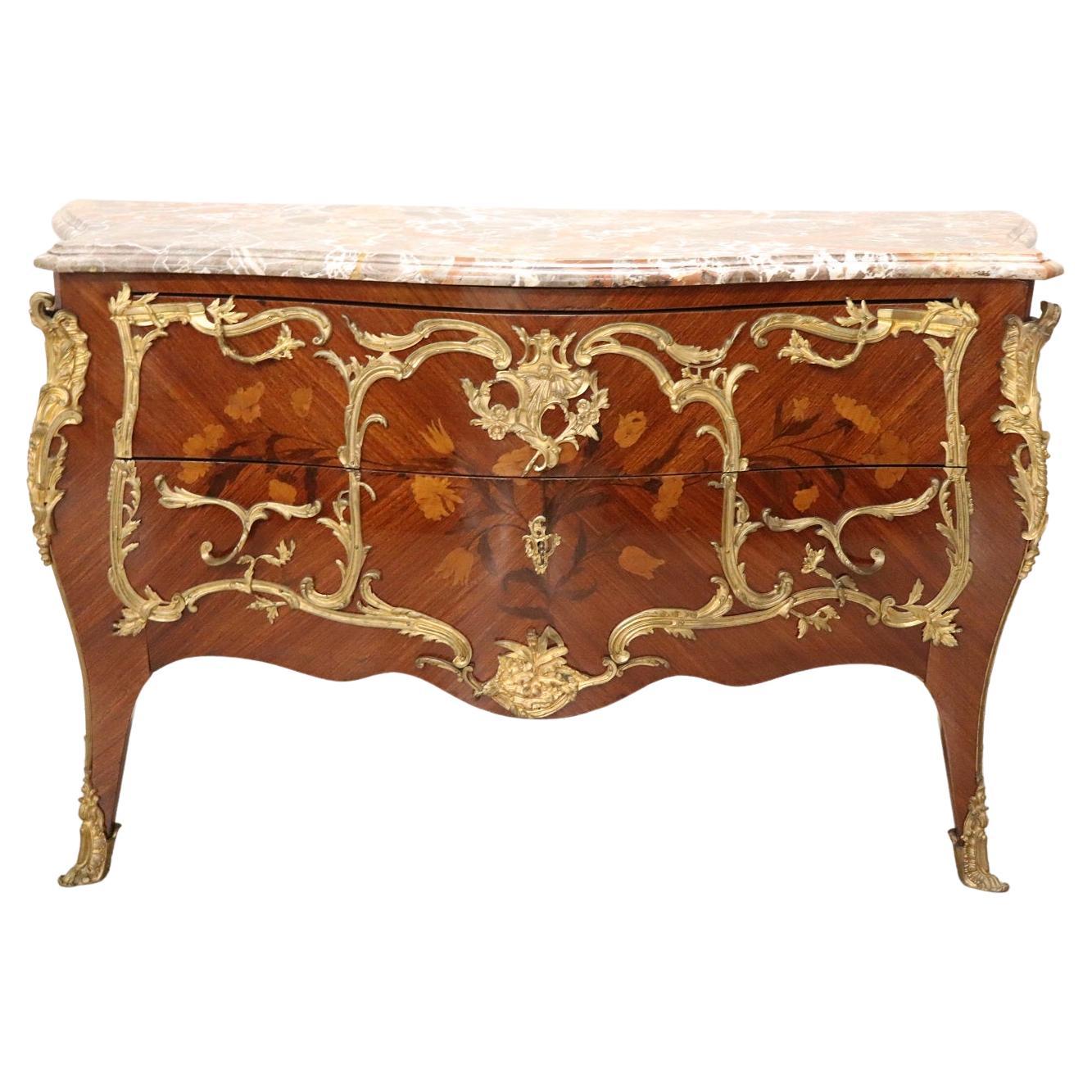 19th Century Napoleon III Inlaid Wood and Gilded Bronze Antique Chest of Drawers For Sale