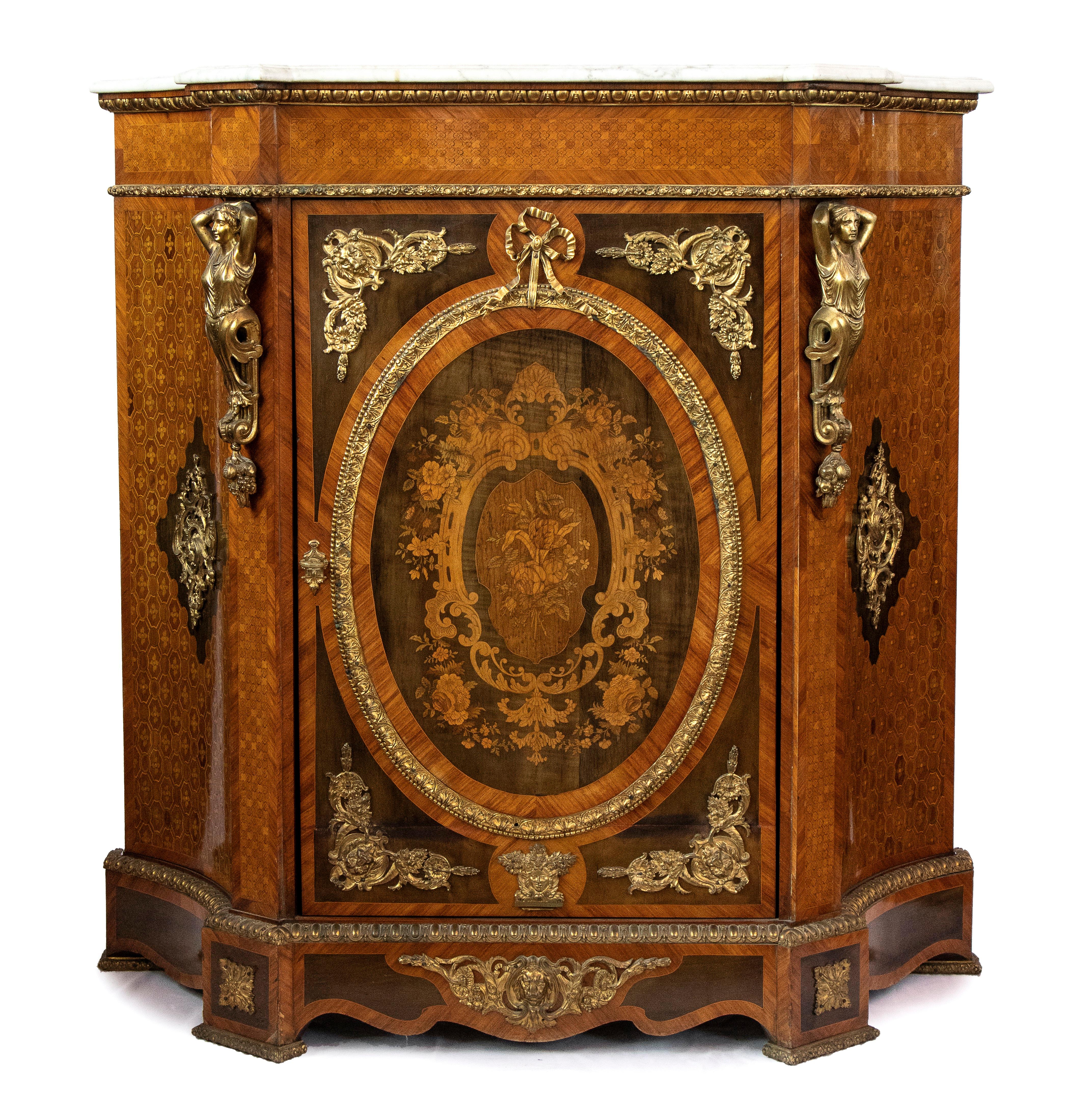 Louis XVI 19th Century Napoleon III Kingwood Marble Top Inlay Hippolyte Edme Pretot, 1830s For Sale