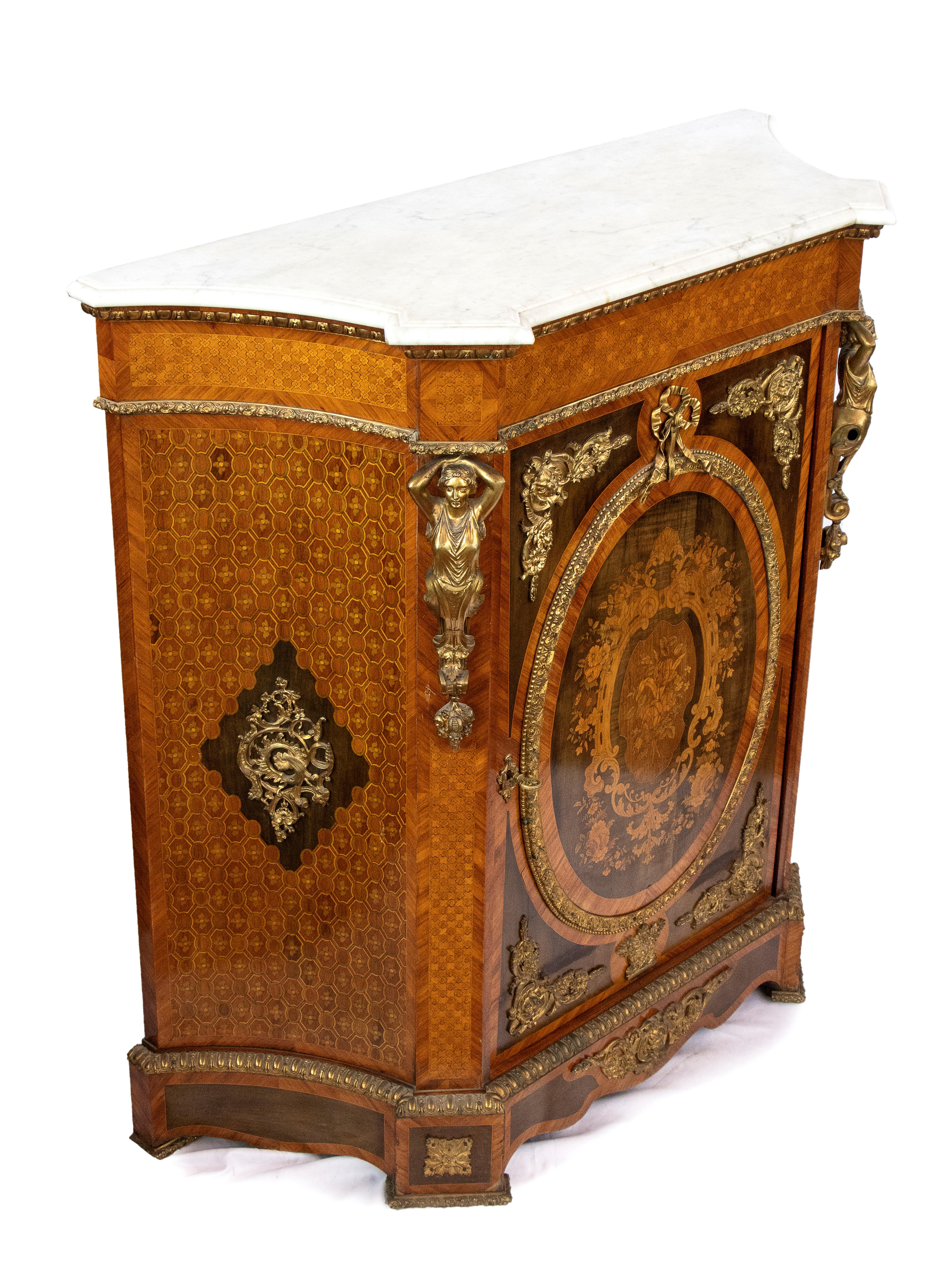 Marquetry 19th Century Napoleon III Kingwood Marble Top Inlay Hippolyte Edme Pretot, 1830s For Sale