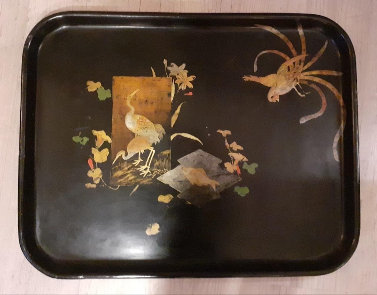 19th Century Napoleon III Lacquered Wood and Painted Tray, 1870s In Good Condition In LEGNY, FR