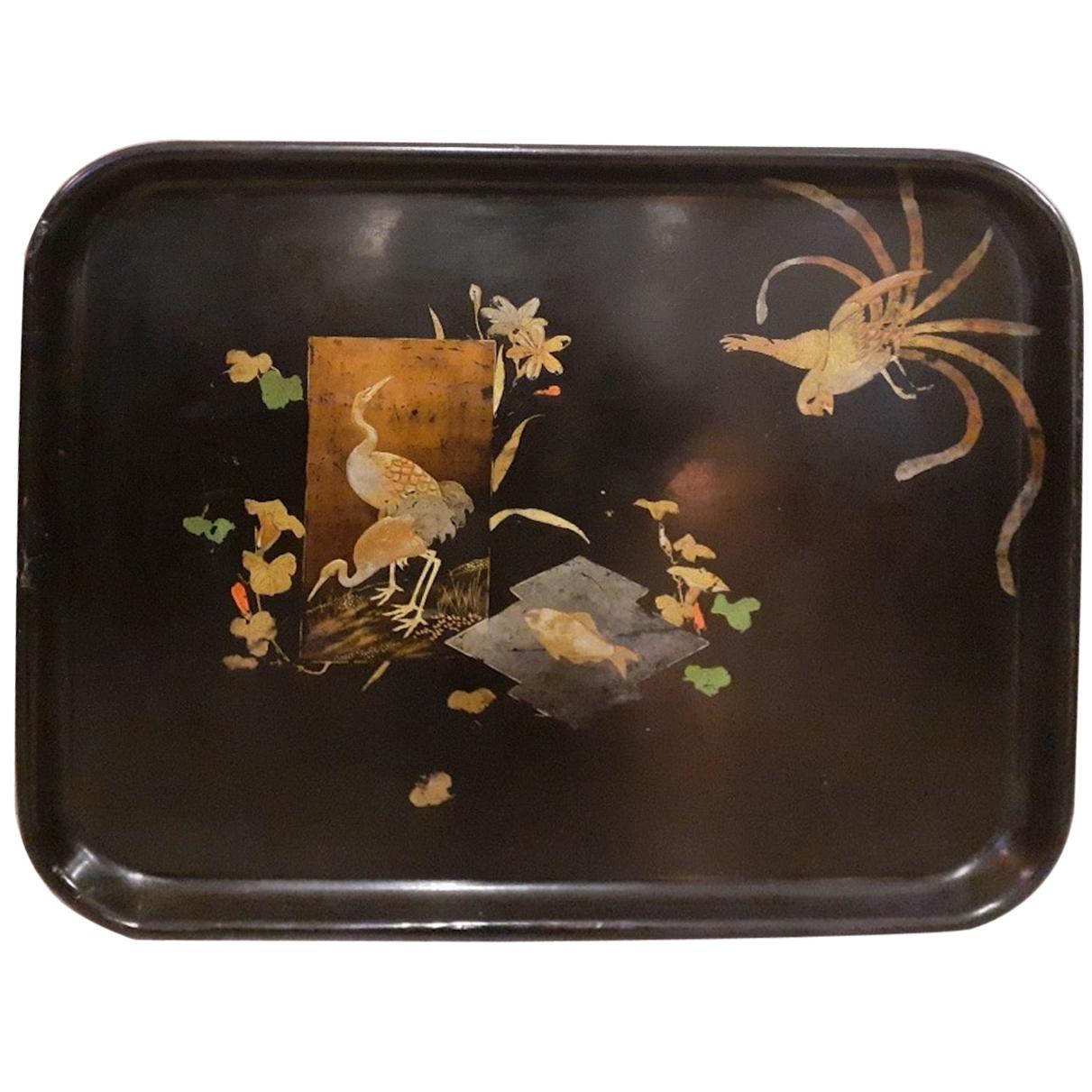 19th Century Napoleon III Lacquered Wood and Painted Tray, 1870s