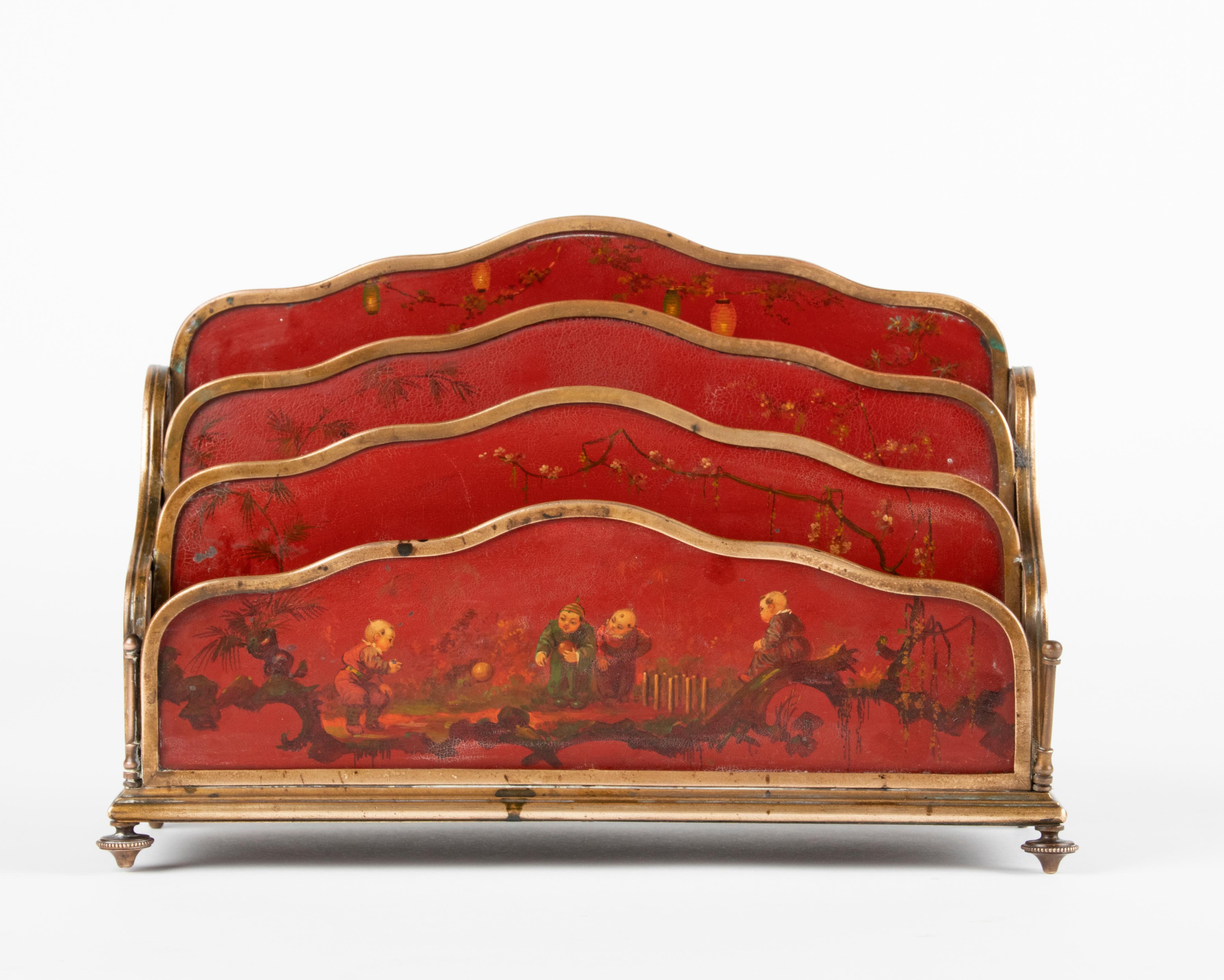 Beautiful 19th century letter rack from the French Napoleon III period. The letter rack is made of bronze with wooden panels. The wooden panels are decorated with red traditional lacquer and hand painted with oriental scenes. This letter rack is