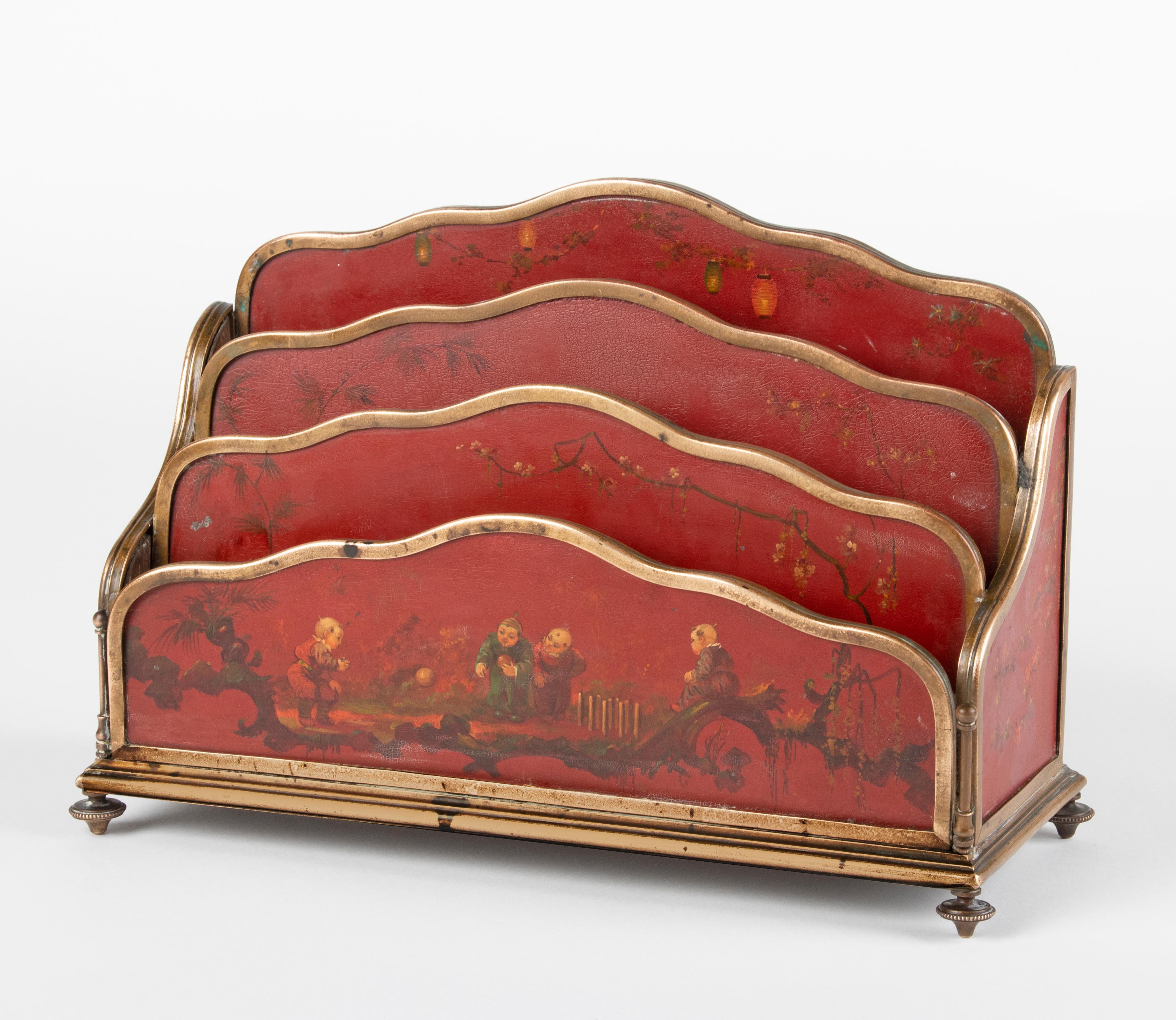 Hand-Crafted 19th Century Napoleon III Letter Rack with Lacquered Panels and Bronze Mounts For Sale