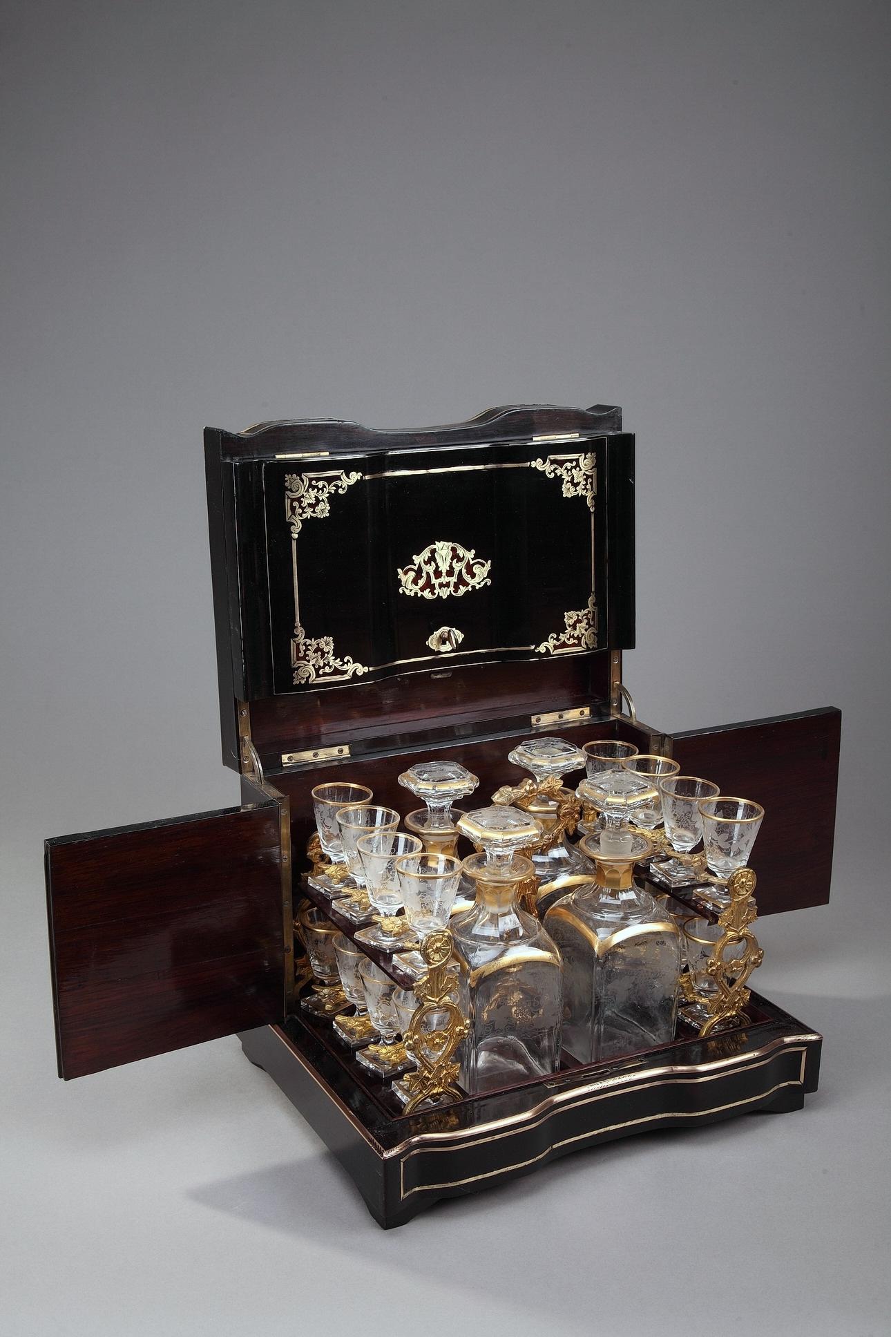 Gilt 19th Century Napoleon III Liquor Cellar in Ebony with Brass Inlay For Sale