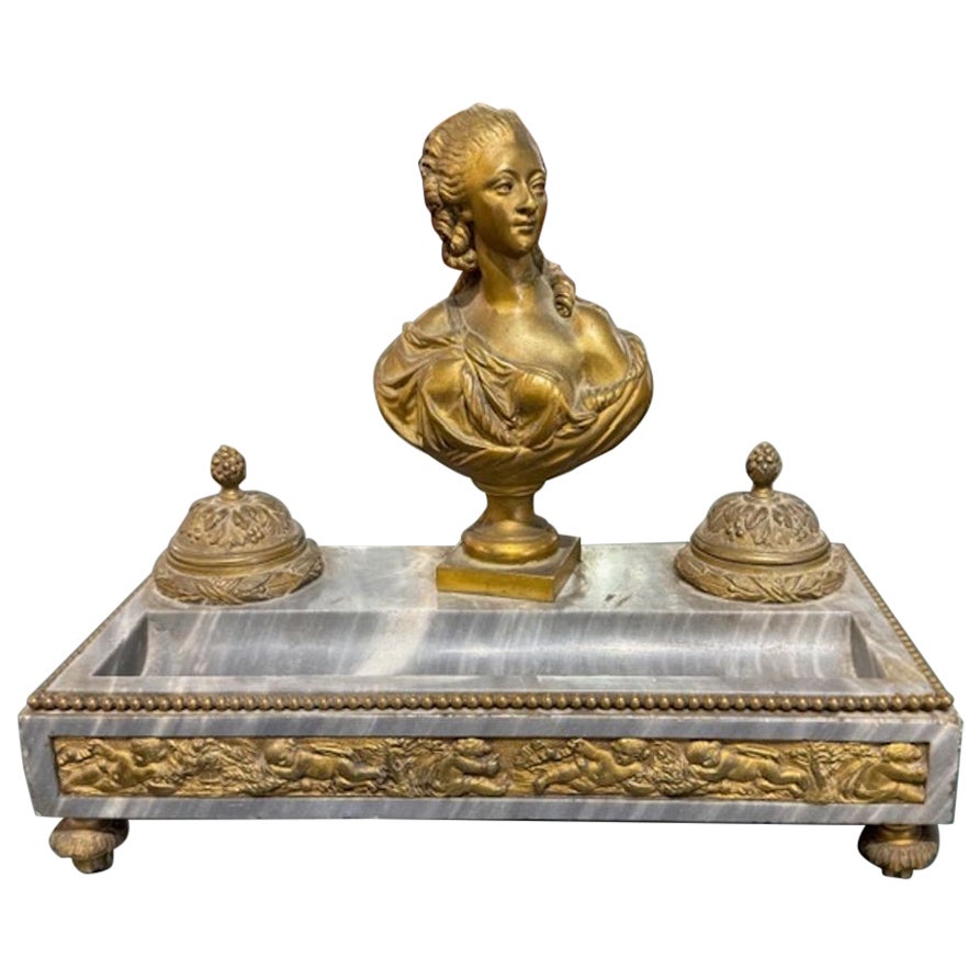 Calamaio in marmo e bronzo Napoleone III del XIX secolo in vendita