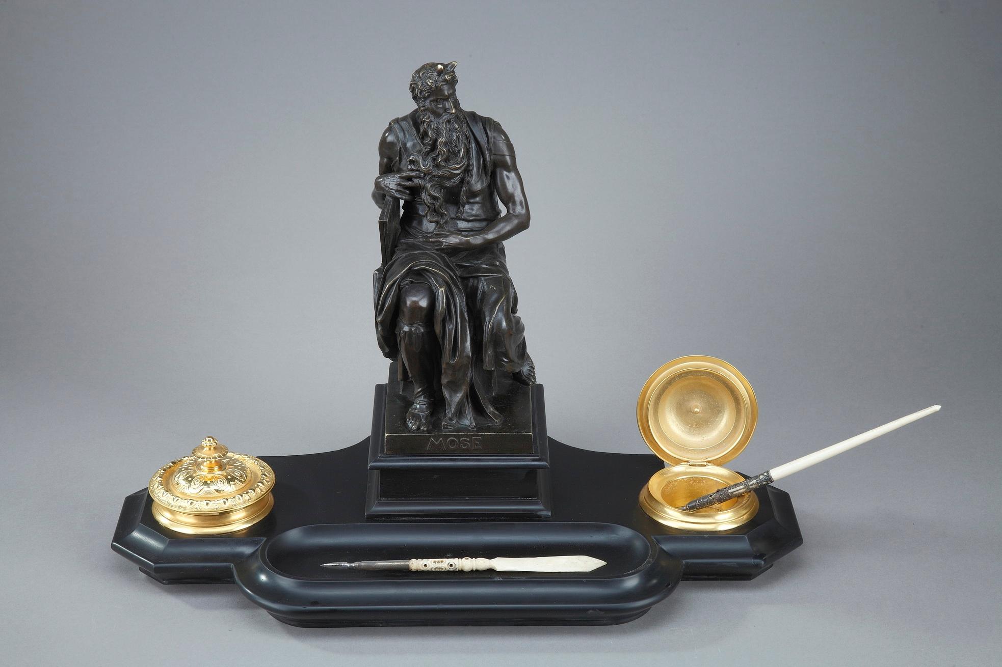 19th Century Napoleon III Marble Inkwell Moses by Michelangelo For Sale 14