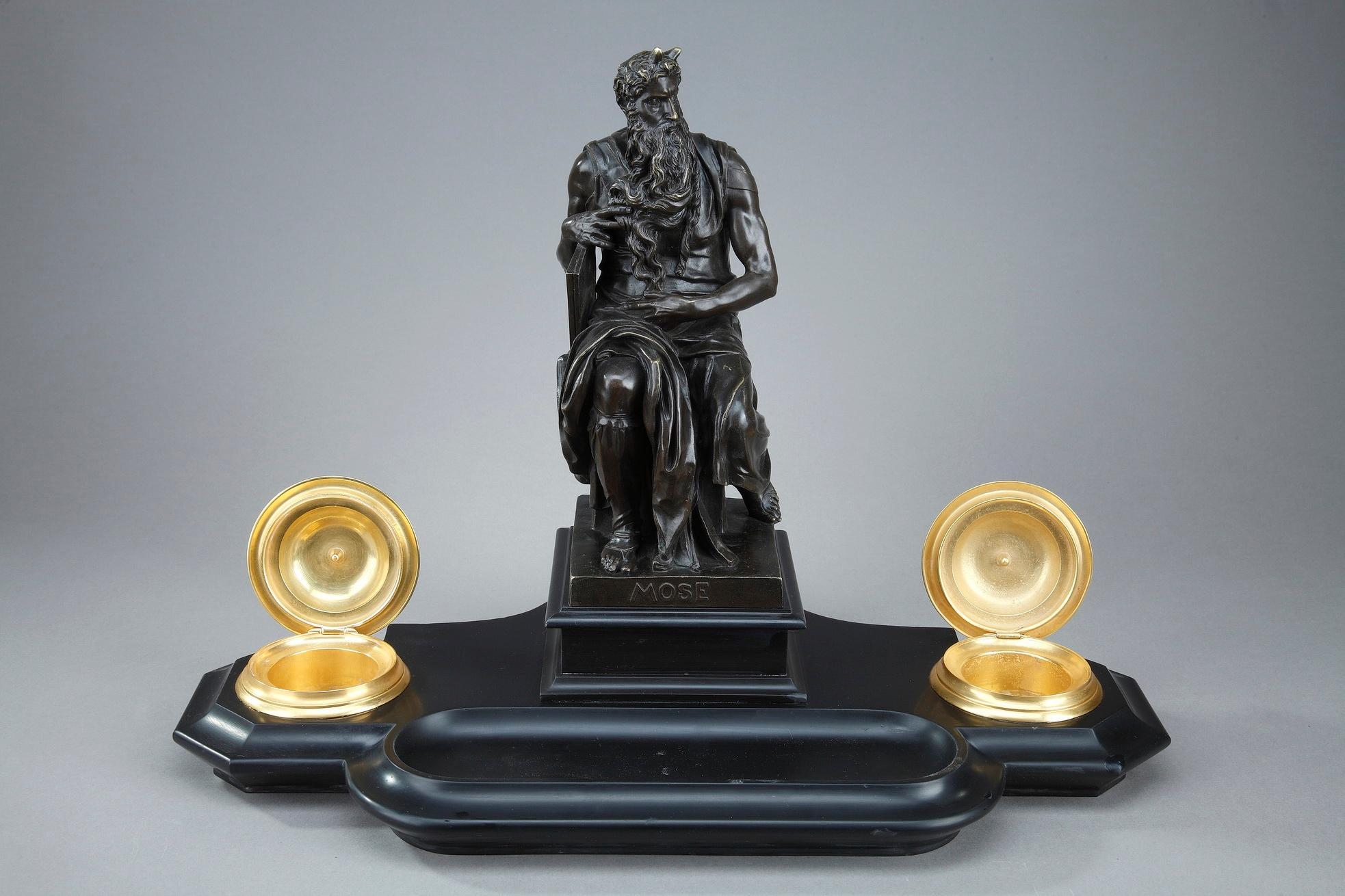 French 19th Century Napoleon III Marble Inkwell Moses by Michelangelo For Sale