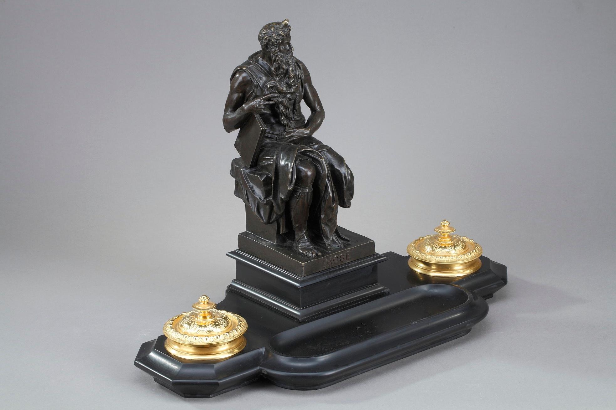 Gilt 19th Century Napoleon III Marble Inkwell Moses by Michelangelo For Sale