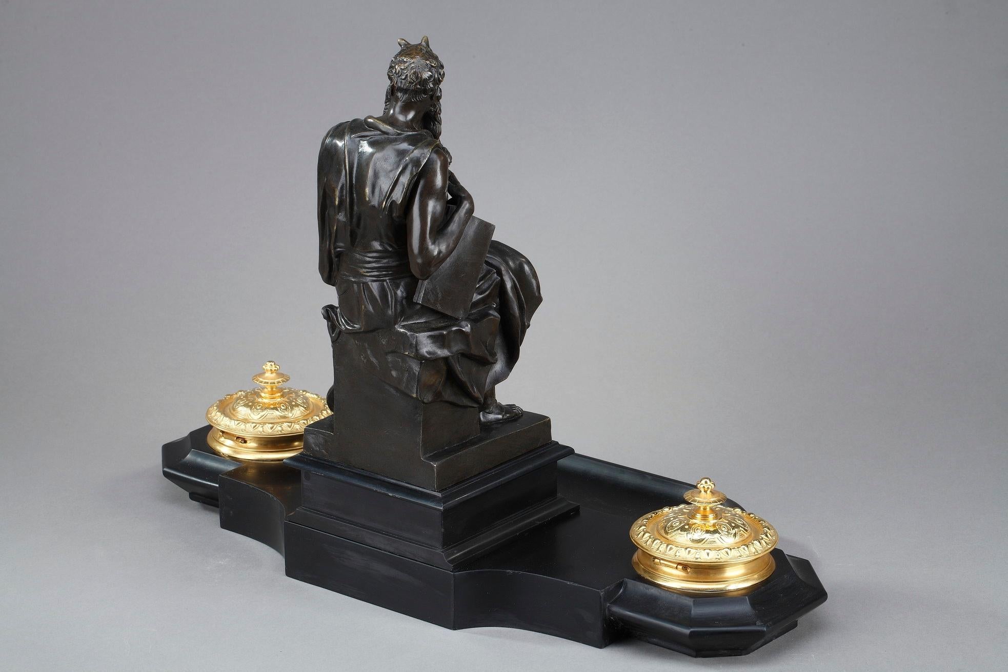 19th Century Napoleon III Marble Inkwell Moses by Michelangelo In Good Condition For Sale In Paris, FR