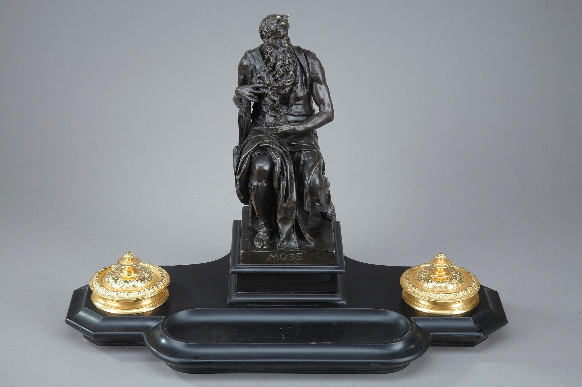 19th Century Napoleon III Marble Inkwell Moses by Michelangelo For Sale 2