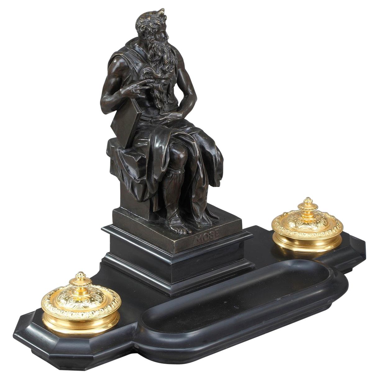19th Century Napoleon III Marble Inkwell Moses by Michelangelo