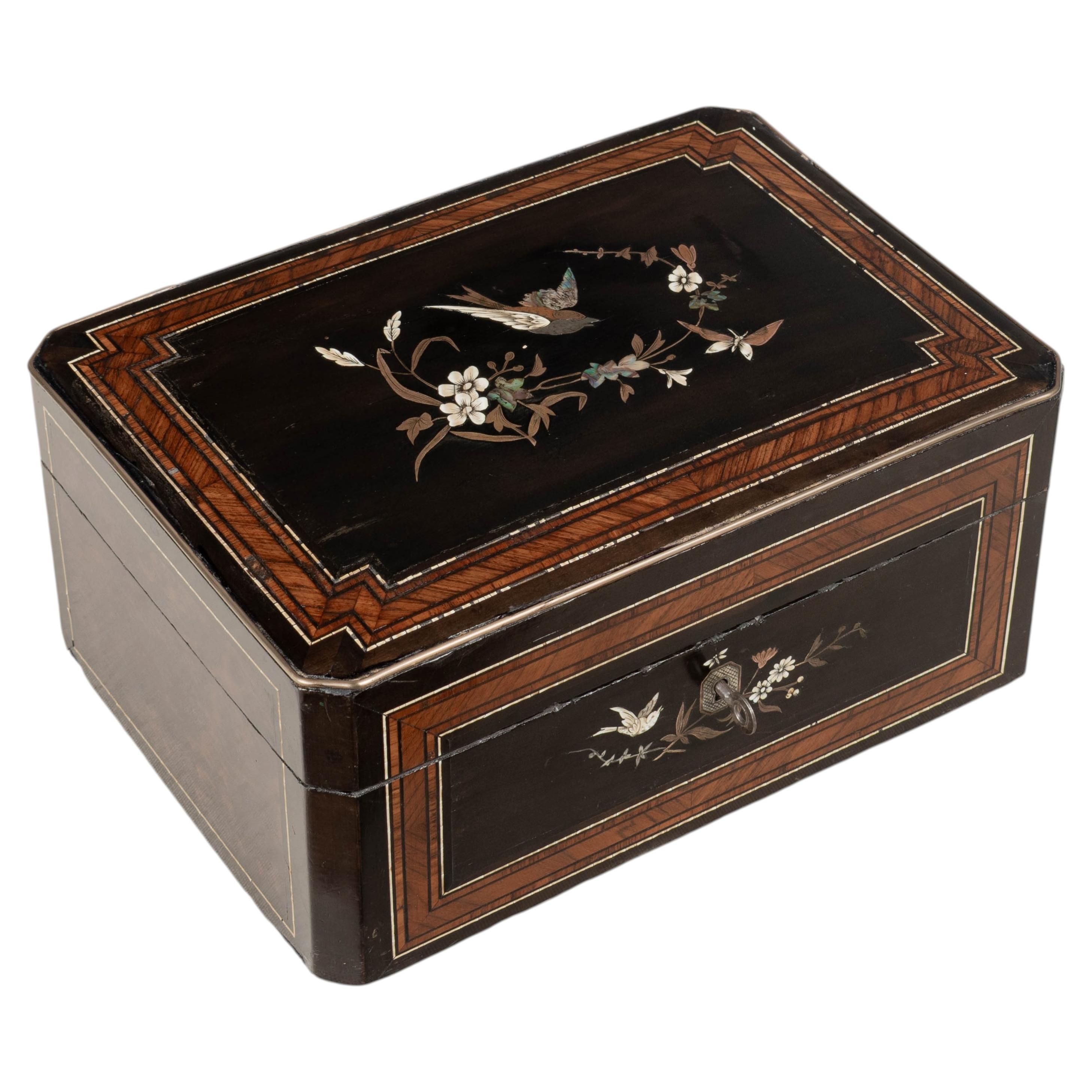 19th Century Napoleon III Marquetry Box, Mother of Pearl Inlay