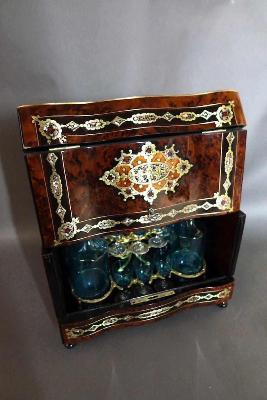 Marquetry 19th Century Napoleon III Mother-of-pearl and Brass Liquor Cellar