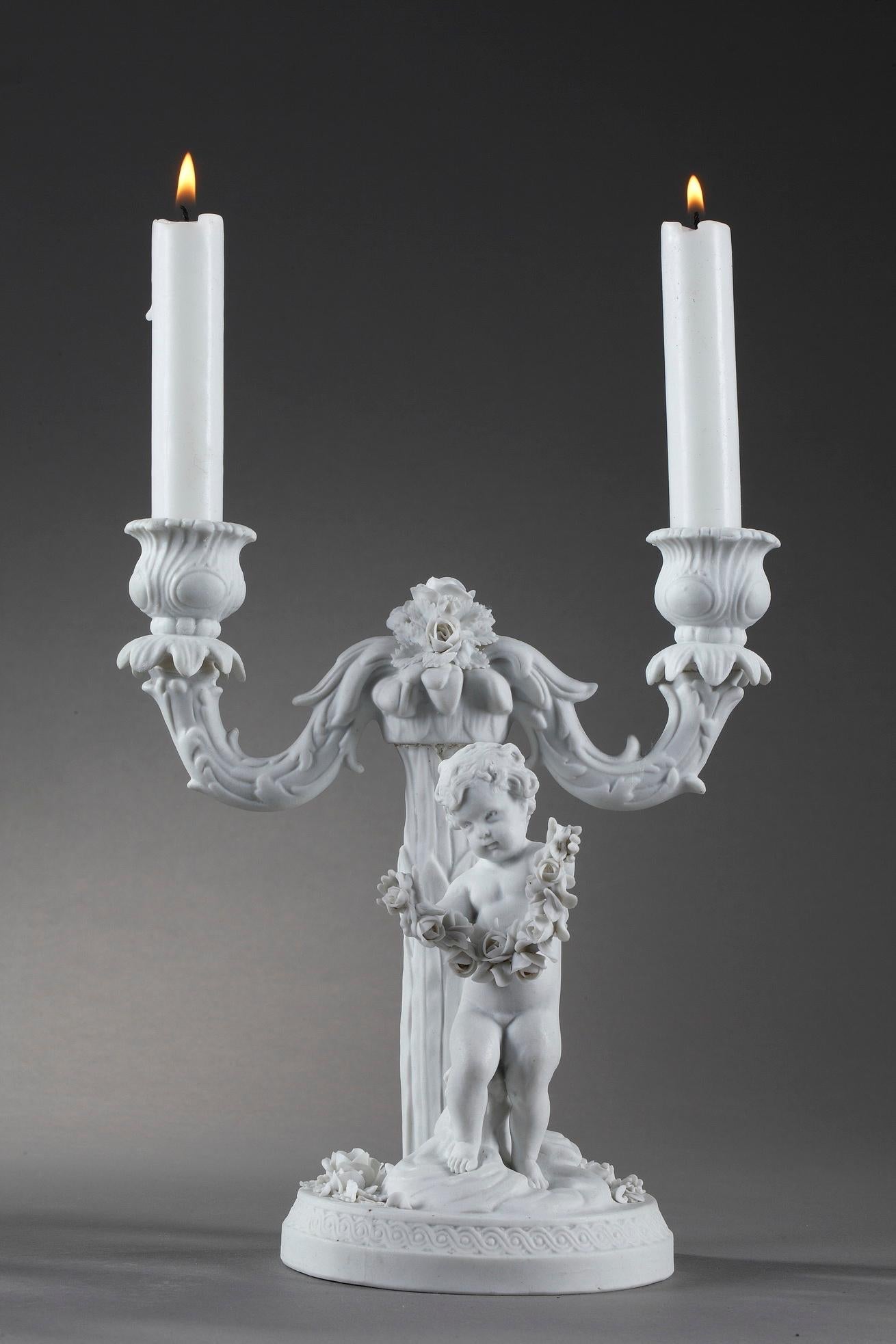 French 19th Century Napoleon III Pair of Bisque Candlesticks in Sevres Taste