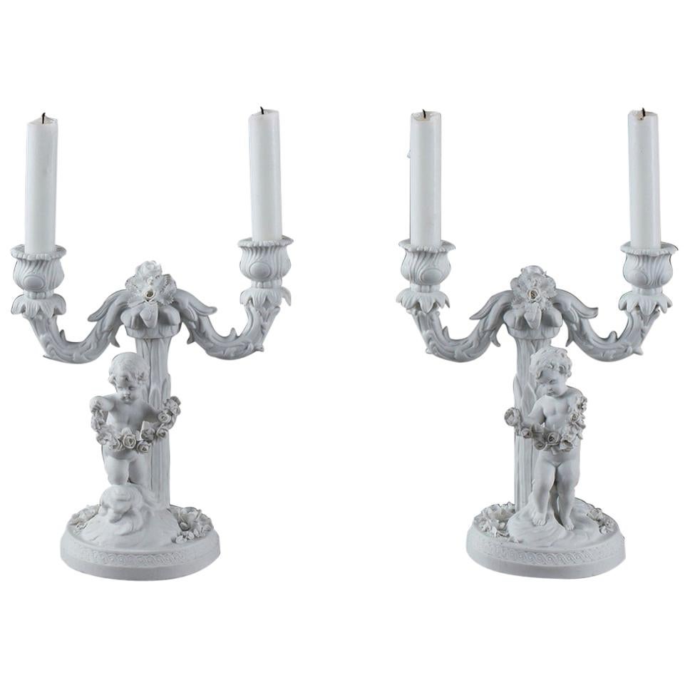 19th Century Napoleon III Pair of Bisque Candlesticks in Sevres Taste