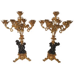 19th Century Napoleon III Pair of Bronze Candelabras Gilded Bronze